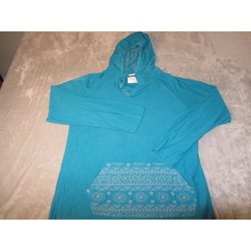 Free Planet Womens Teal Blue Slub Cotton Lightweight Paisley Pocket Hoodie M‎